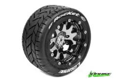 Louise RC - MFT - ST-ROCKET 1-10 Monster Truck Tire Set - Mounted - Sport - Black Chrome Bead-Lock Rims - 0-Offset - Hex