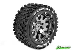 Louise RC - MFT - ST-UPHILL 1-10 Monster Truck Tire Set - Mounted - Sport - Black Chrome Bead-Lock Rims - 0-Offset - Hex