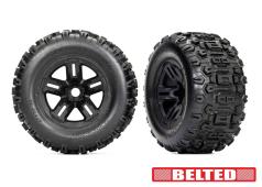 TRX9573 Tires & wheels, assembled, glued (3.8' black wheels, belted Sledgehammer tires, foam inserts) (2)