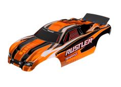 Traxxas TRX3750T Body, Rustler (past ook op Rustler VXL), oranje (geverfd, emblemen aangebracht, gemonteerd met vleugel)