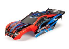 Traxxas TRX6734R Body, Rustler 4X4, rood en blauw / raam, grille, stickervel met verlichting (gemonteerd met carrosserie