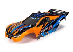 Traxxas TRX6734T Body, Rustler 4X4, oranje en blauw / raam, grille, stickervel met verlichting (gemonteerd met voor- en 