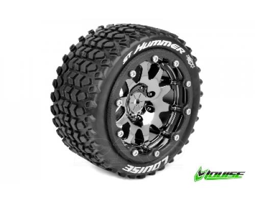 Louise RC - MFT - ST-HUMMER 1-10 Monster Truck Tire Set - Mounted - Sport - Black Chrome Bead-Lock Rims - 0-Offset - Hex