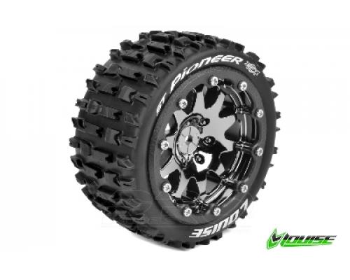 Louise RC - MFT - ST-PIONEER 1-10 Monster Truck Tire Set - Mounted - Sport - Black Chrome Bead-Lock Rims - 0-Offset - He