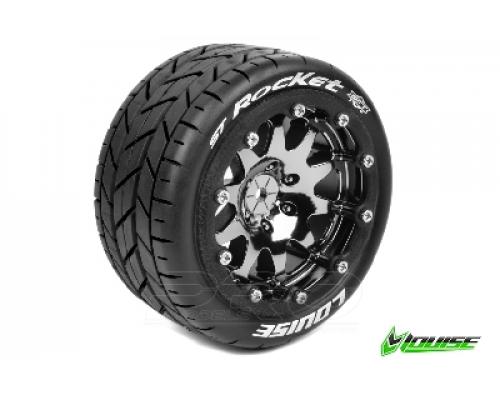 Louise RC - MFT - ST-ROCKET 1-10 Monster Truck Tire Set - Mounted - Sport - Black Chrome Bead-Lock Rims - 0-Offset - Hex