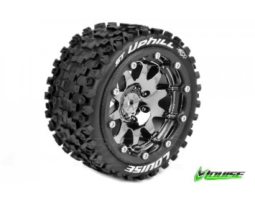 Louise RC - MFT - ST-UPHILL 1-10 Monster Truck Tire Set - Mounted - Sport - Black Chrome Bead-Lock Rims - 0-Offset - Hex