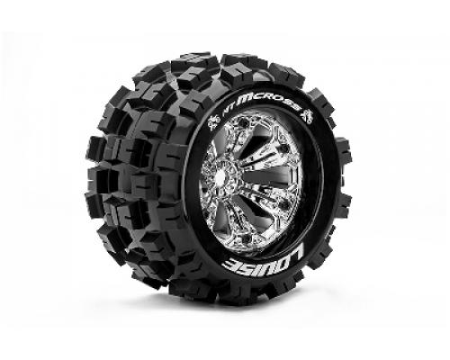 Louise RC - MT-MCROSS - 1-8 Monster Truck Banden Set - Verlijmd op velg - Medium - 3.8\" Velgen Chroom - 0-Offset - EP E-