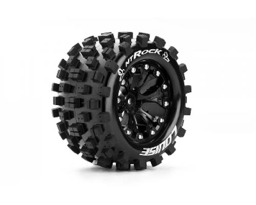 Louise RC - MT-ROCK - 1-10 Monster Truck Banden Set - Verlijmd op velg - Soft - 2.8\" Velgen Zwart - 0-Offset - EP STAMPE