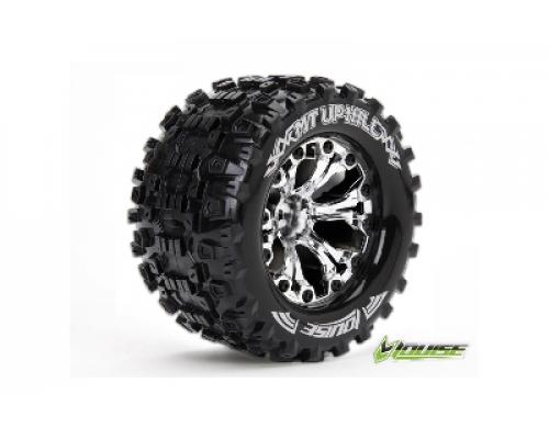 Louise RC - MT-UPHILL - 1-10 Monster Truck Banden Set - Verlijmd op velg - Soft - 2.8\" Velgen Chroom - 0-Offset - 2.8\" V