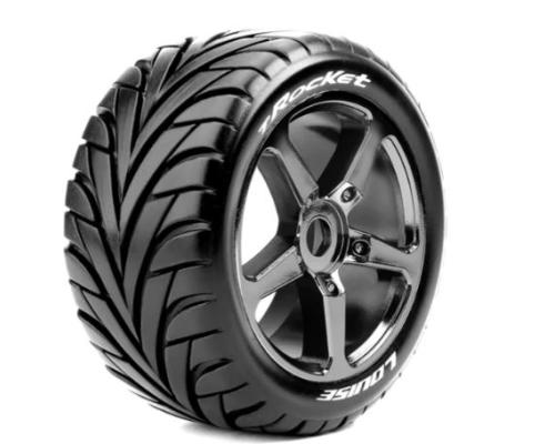 Louise RC - T-ROCKET - 1-8 Truggy Tire Set - Mounted - Soft - Black-Chrome Spoke Wheels - 0-Offset - Hex 17mm - L-T3250S