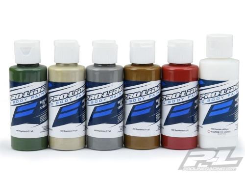 SLVR PRO-LINE RC BODY PAINT MILITARY COLOR SET (6 PACK) MILGREEN MOJAVESAND PRIMERGRAY DARKEARTH MARSRED MATTECLEARPRO63