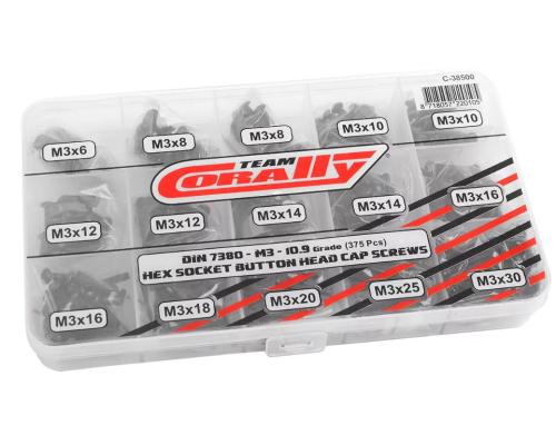 Team Corally - Screw Set M3 - Hex Button Head - DIN 7380 - Steel Black - 10.9 Grade - 15 Sizes - 375 pcs