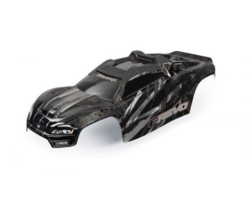 Traxxas TRX8611R Body, E-Revo, zwart / raam, grille, sticker met lichtplaat (gemonteerd met voorste en achterste carross