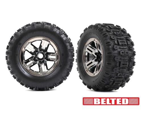 TRX9573A Tires & wheels, assembled, glued (3.8\' black chrome wheels, belted Sledgehammer tires, foam inserts) (2)