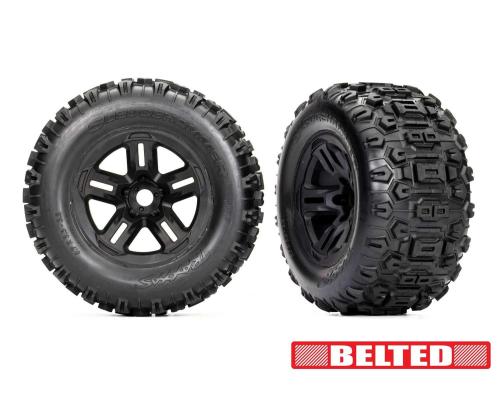 TRX9573 Tires & wheels, assembled, glued (3.8\' black wheels, belted Sledgehammer tires, foam inserts) (2)