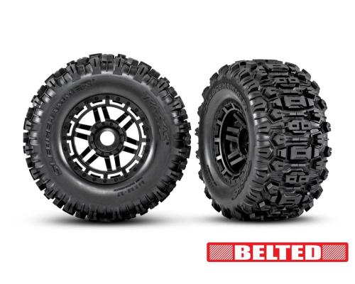 TRX8979 Tires & wheels, assembled, glued (black wheels, belted Sledgehammer All-Terrain tires, dual profile (2.9\' outer,