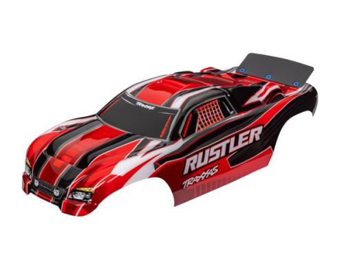 Traxxas TRX3750R Body, Rustler (past ook op Rustler VXL), rood (geverfd, emblemen aangebracht, geassembleerd met vleugel