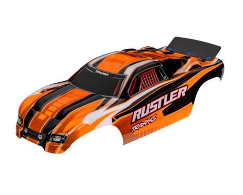 Traxxas TRX3750T Body, Rustler (past ook op Rustler VXL), oranje (geverfd, emblemen aangebracht, gemonteerd met vleugel)