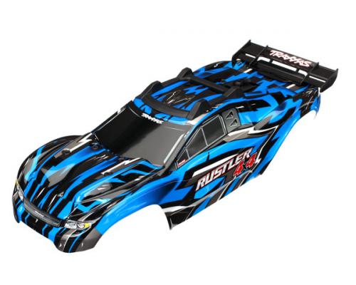 Traxxas TRX6718X Body, Rustler 4X4, blauw / raam, grille, sticker met lichtplaat (gemonteerd met voorste en achterste ca