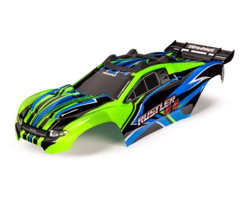 Traxxas TRX6734G Body, Rustler 4X4, groen en blauw / raam, grille, stickervel met verlichting (gemonteerd met voor- en a