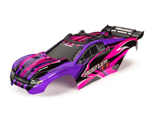 Traxxas TRX6734P Body, Rustler 4X4, roze en paars / raam, grille, stickervel met verlichting (gemonteerd met voor- en ac