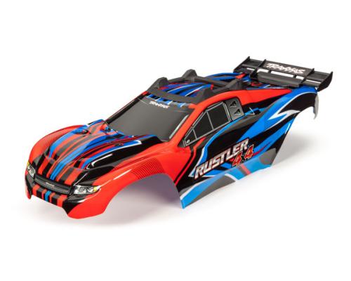 Traxxas TRX6734R Body, Rustler 4X4, rood en blauw / raam, grille, stickervel met verlichting (gemonteerd met carrosserie