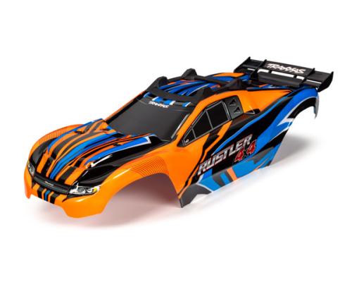 Traxxas TRX6734T Body, Rustler 4X4, oranje en blauw / raam, grille, stickervel met verlichting (gemonteerd met voor- en 