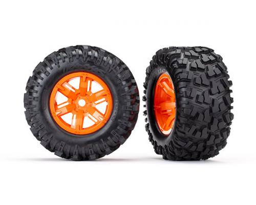 Traxxas TRX7772T banden en wielen gemonteerd, gelijmd (X-Maxx oranje wielen, Maxx AT banden, schuiminzetstukken)