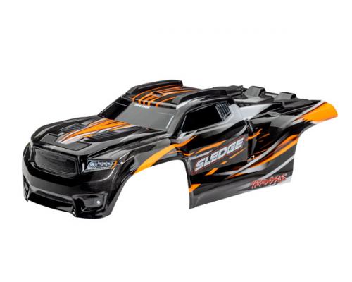 Traxxas TRX9511T Body, sledge, oranje / raam, grille, stickervel voor lichten (gemonteerd met bodysteunen voor en achter