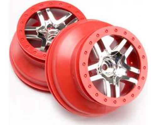 Traxxas TRX5876A Wielen, SCT Split-Spoke, chroom, rood beadlock 