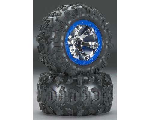 Traxxas TRX7274 Banden en wielen, gemonteerd, gelijmd (Geode chroom, blauw beadlock stijl wielen, Canyon AT banden, foam